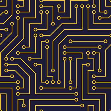 Seamless pattern with chip. Yellow wires, dark blue background. Vector image. Suitable for technical sites and printing.