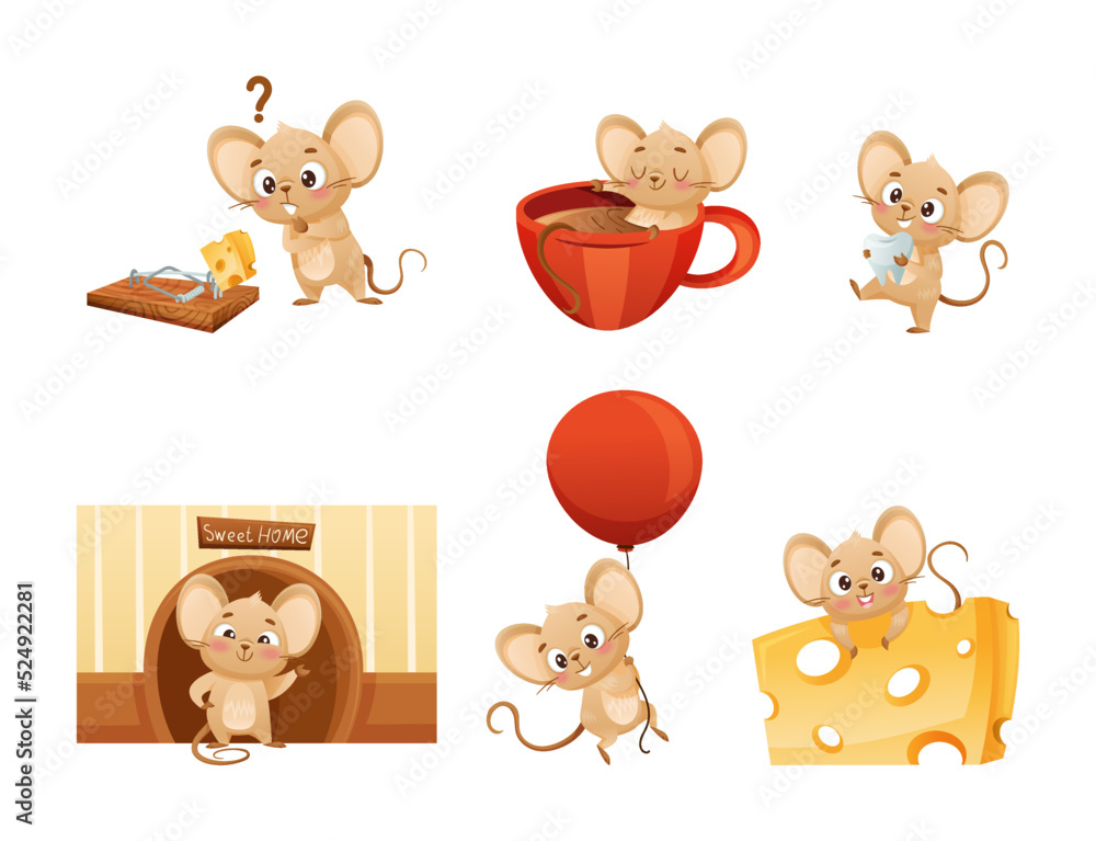 Poster little mouse character with long tail and big ears engaged in different activity vector set