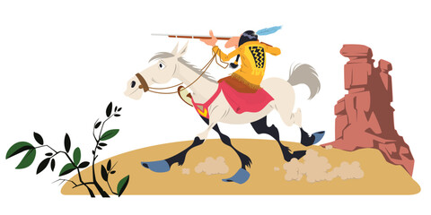 National american indian riding horse with gun. Illustration for internet and mobile website.
