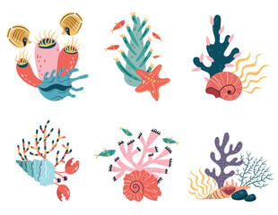 Coral sea plant seaweed ocean tropical nature doodle line art style isolated set collection. Vector isolated graphic design illustration
