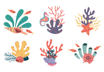 Fototapeta premium Coral sea plant seaweed ocean tropical nature doodle line art style isolated set collection. Vector isolated graphic design illustration