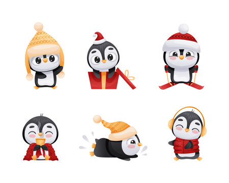Adorable Penguin in Warm Winter Hat Engaged in Different Activity Vector Set