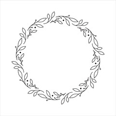 Vector hand drawn spring wreath isolated on white background. Outline circle of leaves. Doodle style. Floral frame.