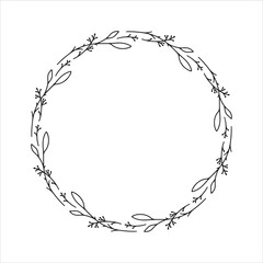 Vector hand drawn spring wreath isolated on white background. Outline circle of leaves. Doodle style. Floral frame.