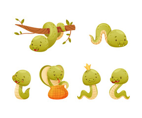 Obraz premium Cute Baby Snake as Crawling Creature Coiled and Slithering on the Ground Vector Set