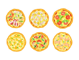 Appetizing Italian Pizza as Round Hot Dough Topped with Ingredients Above View Vector Set
