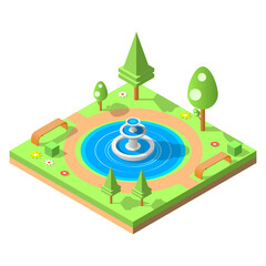 Abstract Isometric 3D Green Park Pond Fountain Alcove With Benches Trees Flowers Vector Design Style Relax Travel Garden