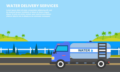 Water services on the highway near the sea for banner webpage landscape background. vector illustration.