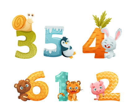 Numbers with Cute Animal Character for Preschool Education and Learning Vector Set