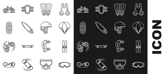 Set line Ski goggles, and sticks, Parachute, Rubber flippers for swimming, Surfboard, Climber rope, Bicycle and Helmet icon. Vector