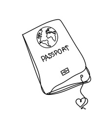 Passport with heart as line drawing on white background