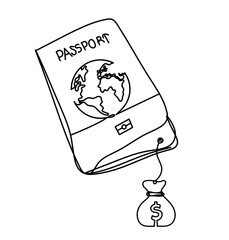 Passport with dollar as line drawing on white background