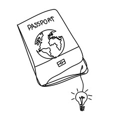 Passport with ight bulb as line drawing on white background