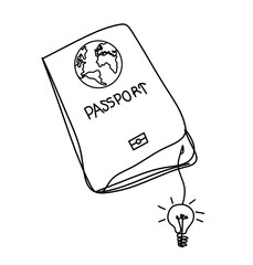 Passport with ight bulb as line drawing on white background