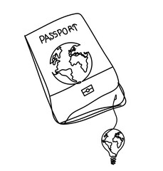 Passport with globe ight bulb as line drawing on white background