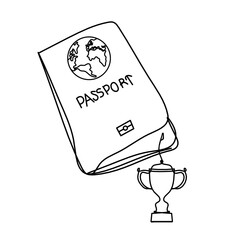 Passport with trophy as line drawing on white background