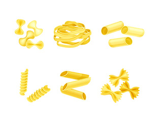 Pasta of Wheat Flour of Different Shapes and Forms for Cooking and Culinary Vector Set