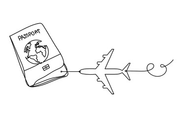 Passport with plane as line drawing on white background