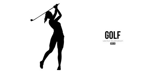Fototapeta premium Abstract silhouette of a golf player on white background. Golfer woman hits the ball. Vector illustration