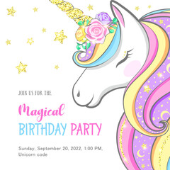 Obraz na płótnie Canvas Birthday party on the theme of a magical unicorn with a multi-colored mane