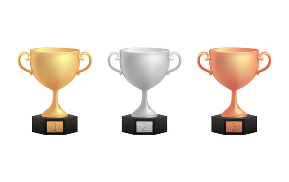 Champion award ceremony concept in cartoon style. Gold silver bronze trophy cups. Game winner prize cups, racing sport trophies, ranking places goblet prize icons vector illustration.