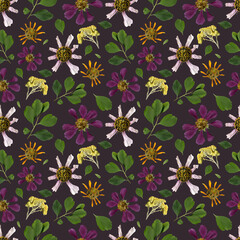 Fototapeta na wymiar Seamless pattern with dried and pressed wildflowers. Herbarium seamless pattern with flowers