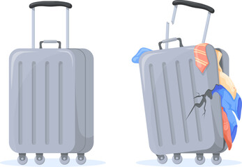 Damaged suitcase. Ripped vacation luggage, baggage airport exchange, cartoon travel bag lost plastic suitcases with clothes broken backpack destroyed case, neat vector illustration