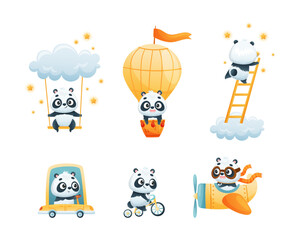 Cute Baby Panda Character Engaged in Different Activity Vector Set