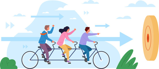 Fototapeta premium Bicycle team work. Teamwork tandem bike, corporate lifestyle joy employees working together journey to goal achievement creative executives partnership concept vector illustration