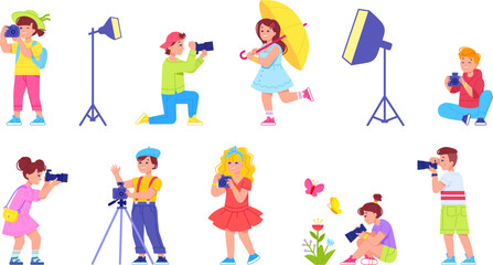 Little Photograph. Child photographing, kid photo studio digital school, explorer children photographer click camera capturing nature discover, isolated swanky vector illustration