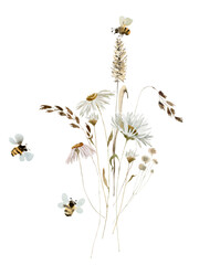 Boho wildflowers, herbs bouquet painted in watercolor. Dried pampas grass floral border, frame. Botanical boho elements isolated on white. Wedding invitation, greeting, card, print, scrapbooking