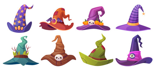 Sorceress hats. Halloween wizard hat, magic cap evil mage sorcerer hallowen holiday costume elements, fantasy witch old caps game magician masquerade, ingenious vector illustration