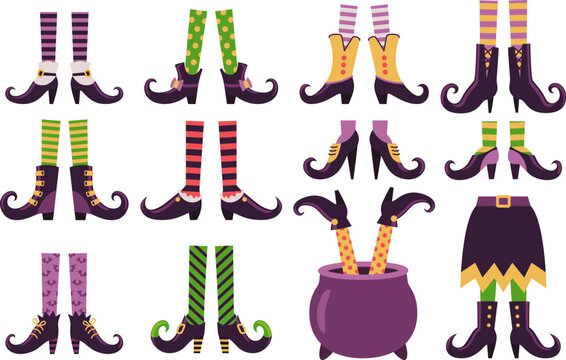 Witch legs. Cartoon witches feet in shoes boots stockings cauldron pot, halloween witching leg green dress skirt costume isolated trendy foot socks, ingenious vector illustration