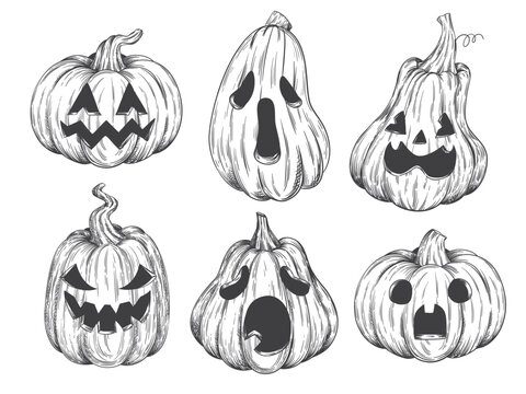 Pumpkin face sketch. Drawing halloween pumpkins scary or happy faces, engraving jack lantern for fall decoration art book creepy ghost doodle gourd, ingenious vector illustration