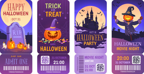 Halloween tickets. Helloween film ticket design, movie party invite coupon horror flyer tag creepy headstone background spooky text, theater poster ingenious vector illustration