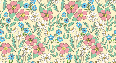 Seamless floral pattern with gentle spring meadow. Cute ditsy print, pretty botanical background with hand drawn outline plants, wild flowers, leaves on light background. Vector illustration.