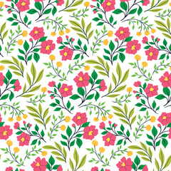Fototapeta na wymiar Seamless floral pattern with folk motifs. Beautiful ditsy print, botanical background with summer botany, hand drawn wild plants, small flowers, branches, leaves on a white field. Vector.