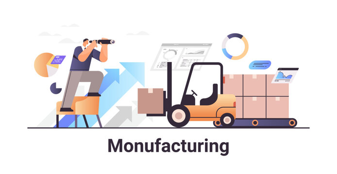 businessman looking through binocular on forklift with cardboard box carbon credit manufacturing concept