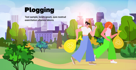people picking up garbage into bags plogging ecological challenge save planet concept cityscape background