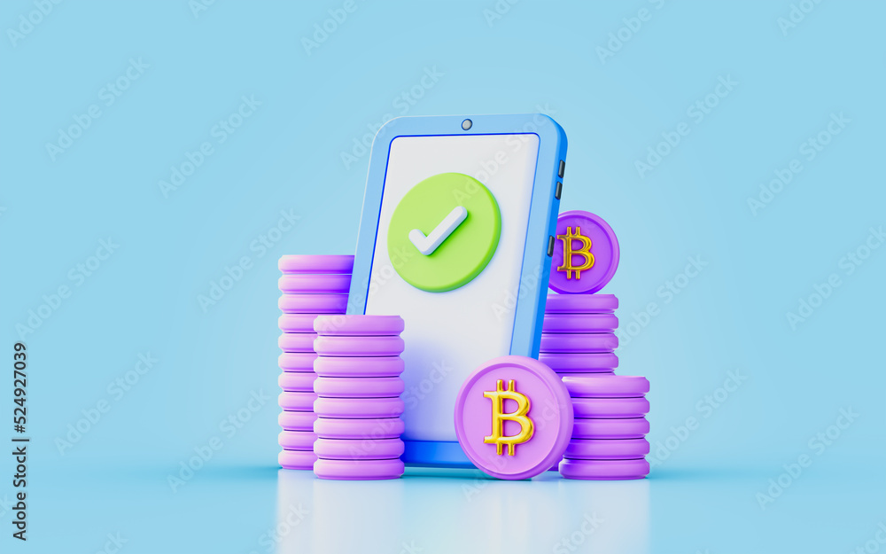 Poster bitcoin sign with smartphone check mark 3d render concept for future currency approved