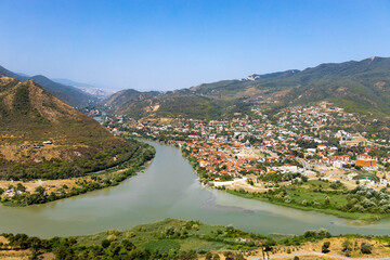 View of the merger of two rivers Kura or Mtkvari and Aragvi into one. The ancient capital of...