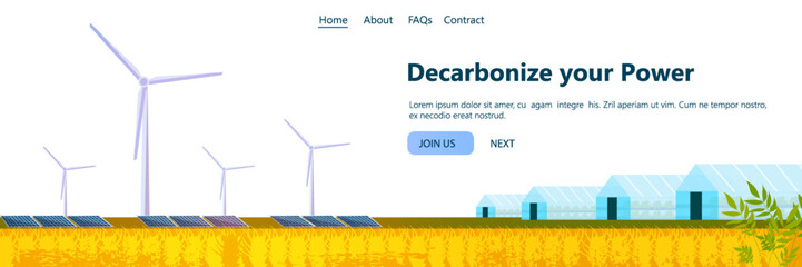 Wind turbines and solar panels energy renewable station in field waste free world decarbonize your power concept