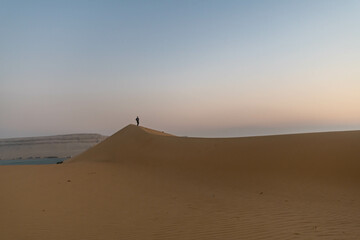 Fototapeta na wymiar A female running on the top of a sand hill in Fayoum - Egypt. 