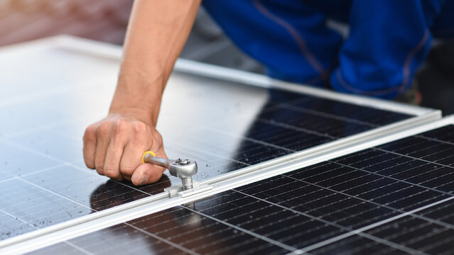 Rooftop solar power system. Fixation and adjusting the height of the solar panels, level setting. Turnkey solar power system, service works. Alternative energy.
