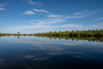 Early morning summer cloudscape over Pine Glades Lake in Everglades National Park, Florida reflected in calm lake water.