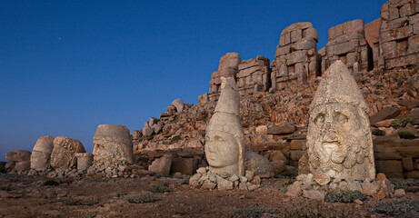 Nemrut Mountain and giant statue heads from1st century BC, in Adiyaman, Turkey.