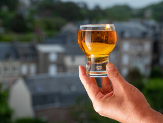 Hand holding glass of apple cider drink and houses of Etretat village on background, Normandy, France