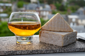 Pairing of apple cider drink with cow cheese pont l'eveque and houses of Etretat village on background, Normandy, France