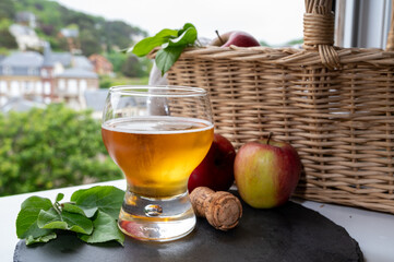 Glass of cold apple cider drink and houses of Etretat village on background, Normandy, France