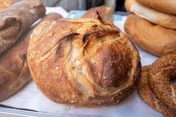 Oven baked sour dough organic bread in bakery